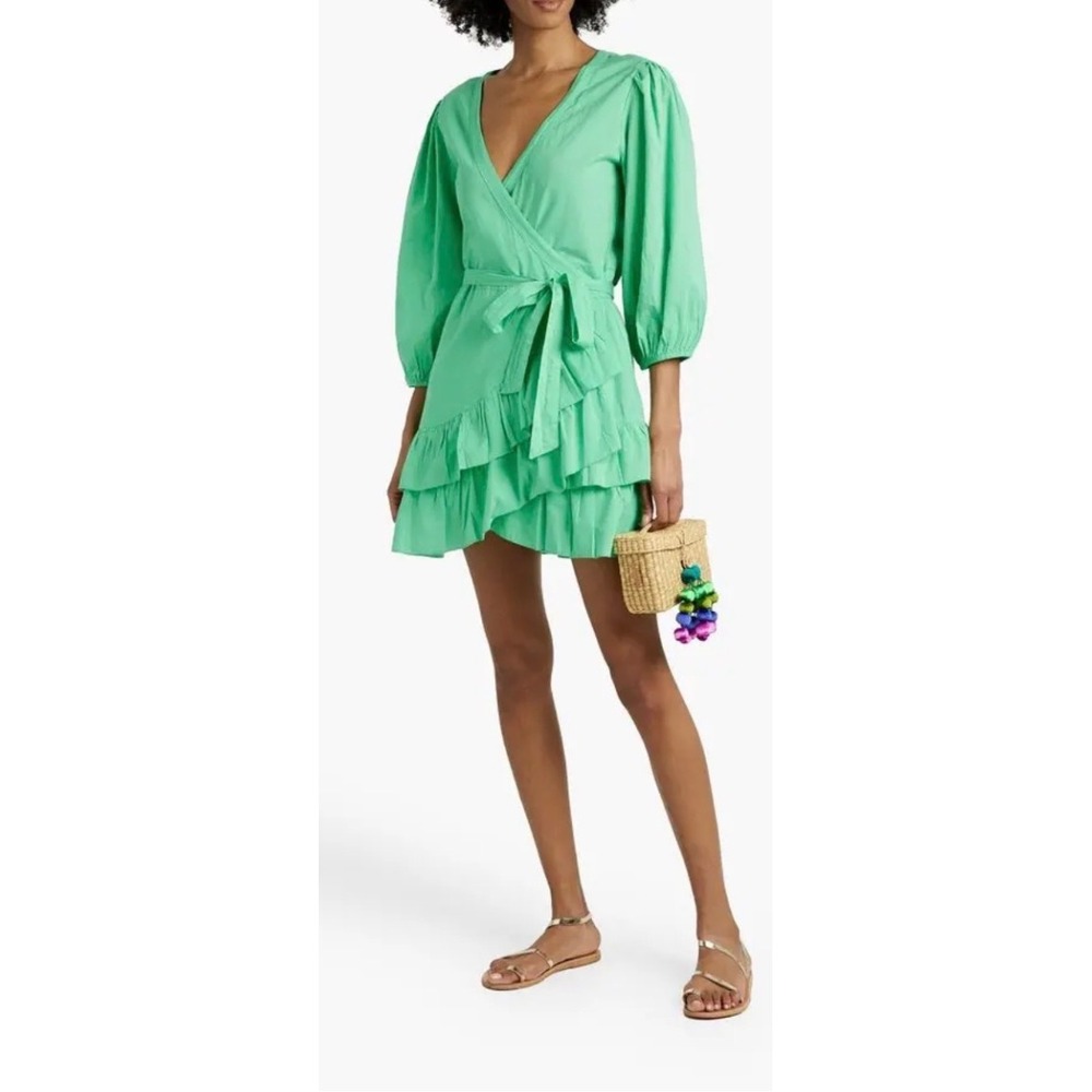 Melissa Odabash Tabitha Wrap Dress Women XS Green Ruffle Tiered Puff Sleeve Mini